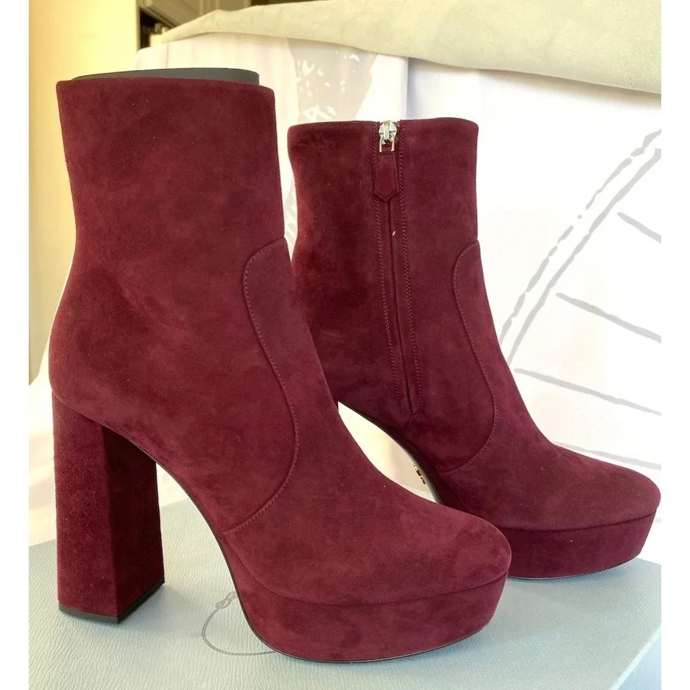 PRADA Milano 1TP221 Womens Burgundy Suede High heel‎ Ankle Boots Shoes, 35.5